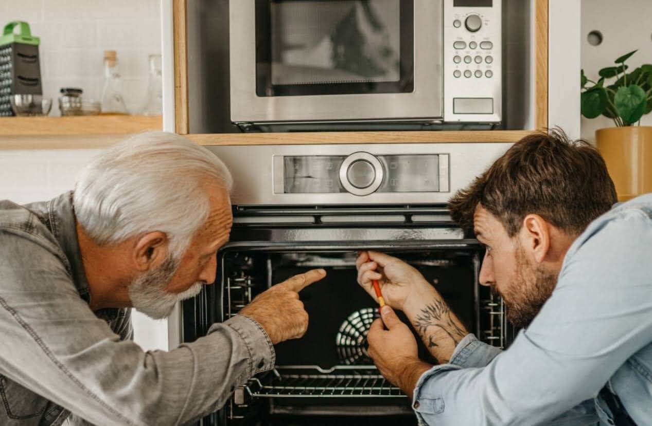 A technician repairing an oven while a homeowner asks questions in El Reno